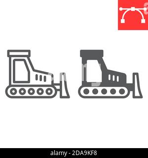 Bulldozer line and glyph icon, construction and vehicle, bulldozer sign vector graphics, editable stroke linear icon, eps 10. Stock Vector