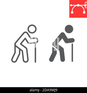 Old man with cane line and glyph icon, disability and pensioner, old man with walking stick sign vector graphics, editable stroke linear icon, eps 10. Stock Vector