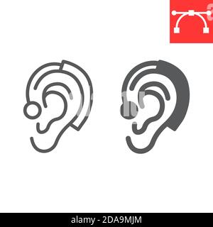 Hearing aid line and glyph icon, disability and deafness, ear sign vector graphics, editable stroke linear icon, eps 10. Stock Vector