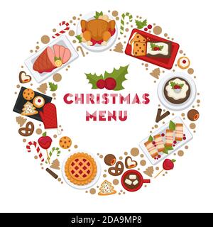 Christmas menu in circle, cafe or restaurant food Stock Vector