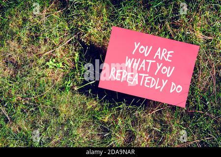 You are what you repeatedly do motivational quote written on paper on grass background. Practice makes perfect concept. Stock Photo
