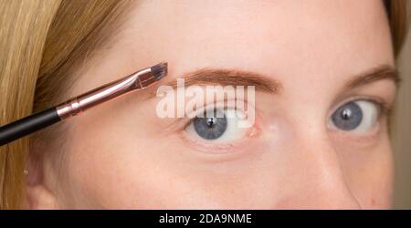 Part of a woman's face, eyebrow coloring with a brush and paint, eyebrow correction. Face care, makeup. Stock Photo