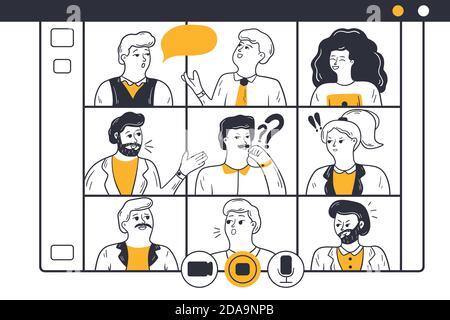 Online meeting, video conference, business concept. Group of diverse men women businesspeople enjoy web communication illustration. Smiling friends talking on video conference internet discussion.  Stock Vector