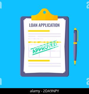 Loan approved credit or loan form with clipboard and claim form on it. Stock Vector