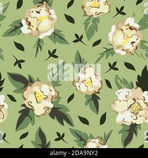 White peony in blossom green seamless pattern Stock Vector