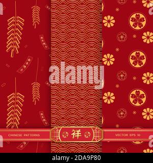 Bundle set of red Chinese seamless pattern with texts mean happy new year and auspicious Stock Vector