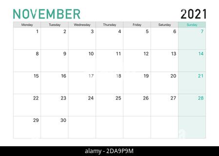 2021 November illustration vector desk calendar weeks start on Monday in light green and white theme Stock Vector