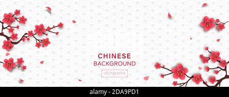 Chinese style white gray wave pattern banner background with Cherry blossom flowers at border Stock Vector