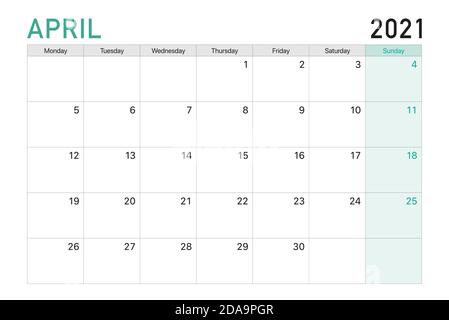 2021 April illustration vector desk calendar weeks start on Monday in light green and white theme Stock Vector