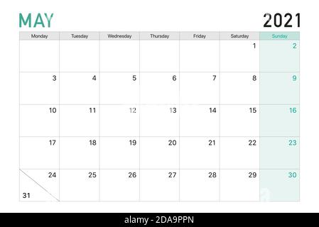 2021 May illustration vector desk calendar weeks start on Monday in light green and white theme Stock Vector