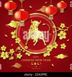 Golden ox for year 2021 with Chinese style decoration and text means happy new year on red wave pattern background Stock Vector