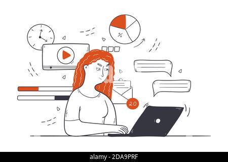 Business, multitasking, time management concept. Young happy businesswoman clerk manager freelancer cartoon character with efficient work skills sits at laptop in office. Freelance and productivity  Stock Vector