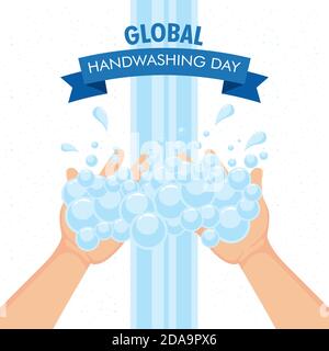 global handwashing day campaign with hands and foam in ribbon frame vector illustration design Stock Vector
