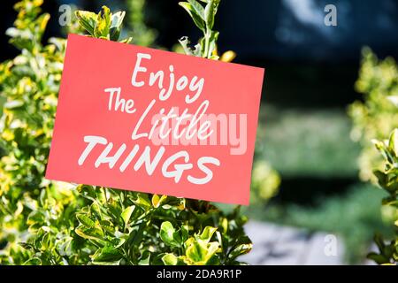 Enjoy the little things motivational quote written on paper in a garden with green plants. Stock Photo