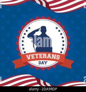 happy veterans day celebration card with soldier saludating in seal and usa flags vector illustration design Stock Vector