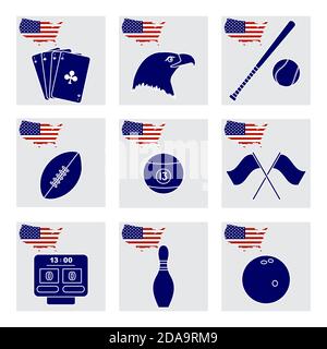 Vector Illustration USA set American national symbols Playing cards, eagle head, baseball bat, rugby, billiard ball, scoreboard, flags, bowling pin, b Stock Vector