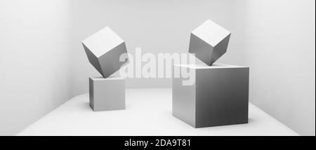 Abstract cubes, boxes, objects in realistic digital studio interior with curved wall or background, cgi render illustration