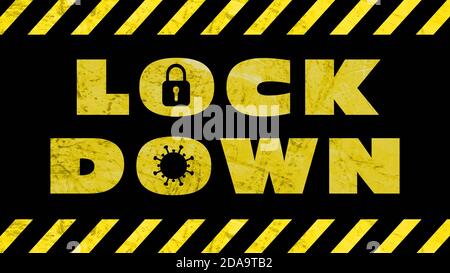 LOCK DOWN - lettering on black background with warning tapes striped in black and yellow - 3D-illustration Stock Photo