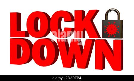 LOCK DOWN - red lettering with black closed padlock including virus symbol - isolated on white background - 3D-illustration Stock Photo