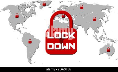 LOCK DOWN concept - white lettering on gray world map background with symbolic closed padlocks - 3D-illustration Stock Photo