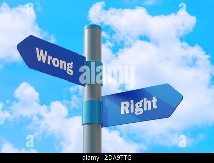 Street Sign the direction Way to Wrong versus Right. Stock Photo