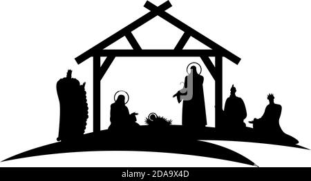 holy family mangers characters in stable with kings wise black silhouettes vector illustration design Stock Vector