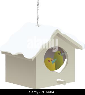 Vector illustration of two little birds in a nest box on a cold winter day. Stock Vector