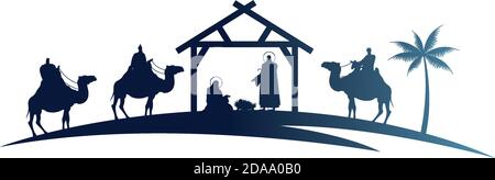 holy family mangers characters in stable with kings wise silhouettes vector illustration design Stock Vector
