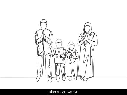 Eid Mubarak greeting card, poster and banner design background. Single continuous line drawing of muslim Arabian family - mom, dad and two kids. Eid A Stock Vector