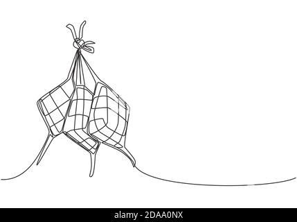 Eid Mubarak greeting card, poster and banner design. One continuous line drawing of ketupat, local rice dumpling food from Indonesia and Malaysia. Eid Stock Vector