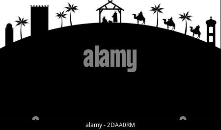 holy family mangers characters in stable with kings wise black silhouettes vector illustration design Stock Vector