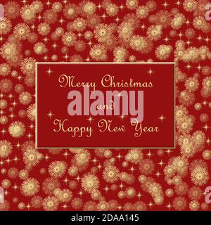 Gold snowflakes against a red background.  Square greeting card design illustration with the message Merry Christmas and Happy New Year. Stock Photo