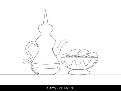 One single line drawing of teapot usually containing Zam zam water and dates fruit on a plate. Food and drink to eat after fasting concept continuous Stock Vector