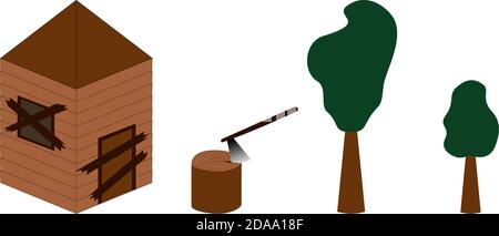 Old abandoned house. Stump with ax. Different size trees. Isometric isolated vector illustrations. Design elements Stock Vector