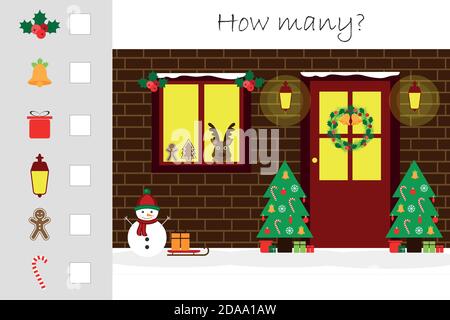How many counting game with christmas picture for kids, educational maths task for the development of logical thinking, preschool worksheet activity Stock Vector