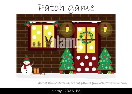 Education Patch game christmas for children to develop motor skills, use plasticine patches, buttons, colored paper or color the page, kids preschool Stock Vector