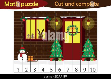 Math puzzle, xmas picture with christmass door cartoon, education game for development of preschool children, use scissors, cut parts of the image and Stock Vector
