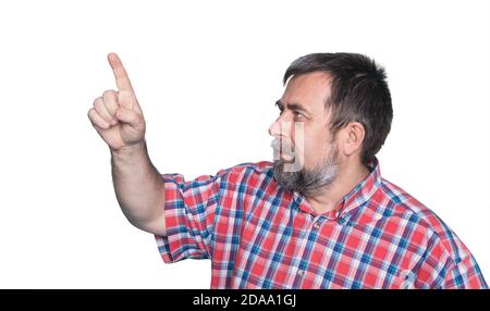 portrait of middle-aged man pointing with finger isolated on white Stock Photo