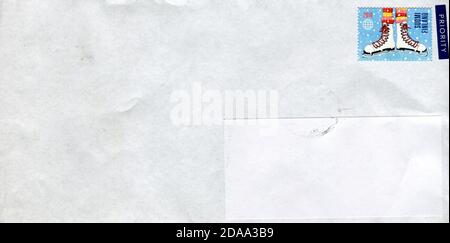 GOMEL, BELARUS - NOVEMBER 11, 2020: Old envelope which was dispatched from Finland to Gomel, Belarus, August 12, 2017. Stock Photo