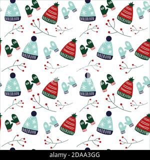 Cartoon hats and mittens Christmas seamless vector pattern. Pattern is suitable for postcards, fabric, wrapping paper or posters. Stock Vector