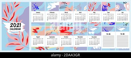 2021 wall сalendar. Set of 12 months and notes sheets. Calendar can be used as phone screensaver. Abstract artistic vector illustrations. Stock Vector