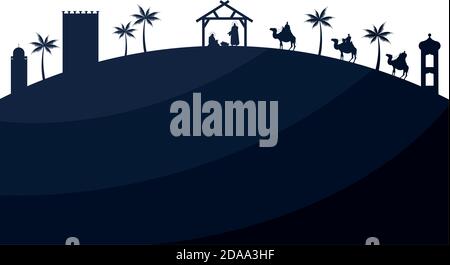 holy family mangers characters in stable with kings wise silhouettes vector illustration design Stock Vector