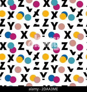 Abstract  geometric elements and letters seamless vector pattern. Pattern is suitable for postcards, fabric, wrapping paper or posters. Stock Vector