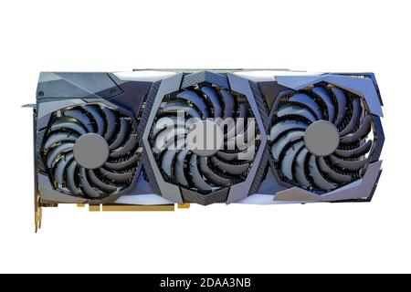 High performance graphic card new model and tripple fans cooling technology for computer desktop for work, isolated on white background Stock Photo