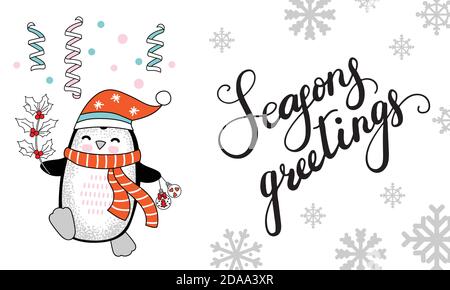 Horizontal vector Christmas card penguin seasons greeting Stock Vector