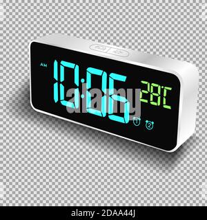 Electronic clock, alarm clock with luminous numbers. Isolated vector object on a transparent background. Stock Vector