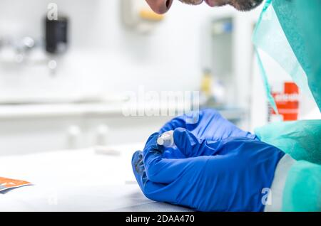 Nurse with individual protective equipment observing the result of a rapid test for covid-19, coronavirus, antigens. Stock Photo