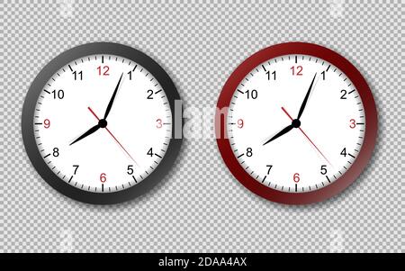 Realistic office clock. Wall round watches with time arrows and clock face isolated 3d vector black and red clocks on transparency background. Stock Vector