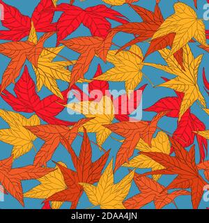 seamless nice pattern autumn read, orange and yellow leaves on blue background. For textile and web Stock Vector