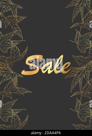 Vector pattern. Golden outline leaves on black background for fabric design,  textile print, wrapping paper or web backgrounds. Stock Vector